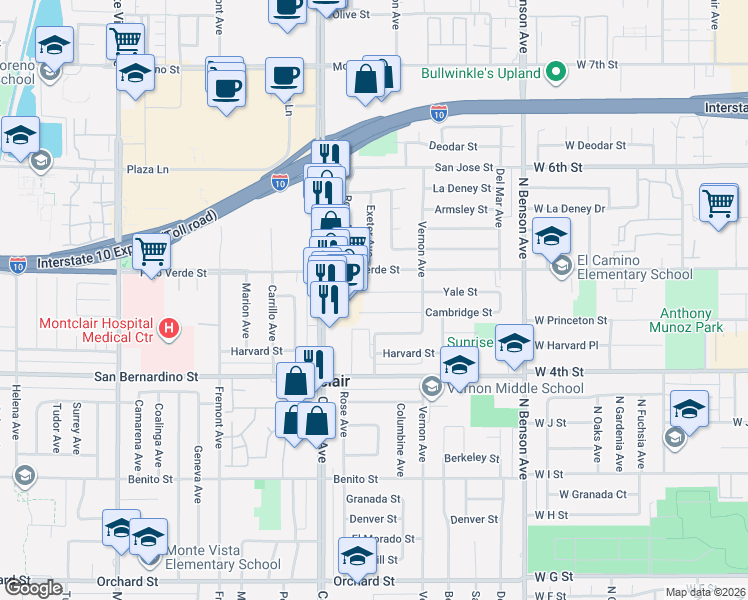 map of restaurants, bars, coffee shops, grocery stores, and more near 5416 Cambridge Street in Montclair
