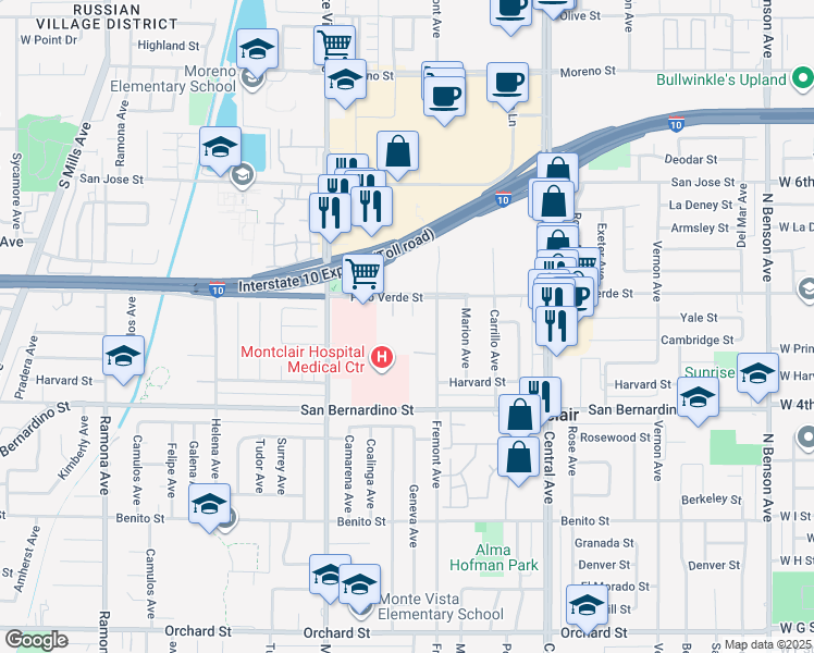 map of restaurants, bars, coffee shops, grocery stores, and more near 9550 Fremont Avenue in Montclair