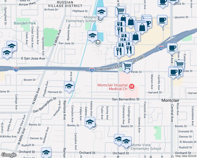 map of restaurants, bars, coffee shops, grocery stores, and more near 9576 Bolton Avenue in Montclair