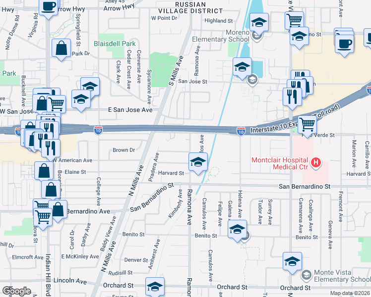 map of restaurants, bars, coffee shops, grocery stores, and more near 4453 Cambridge Street in Montclair