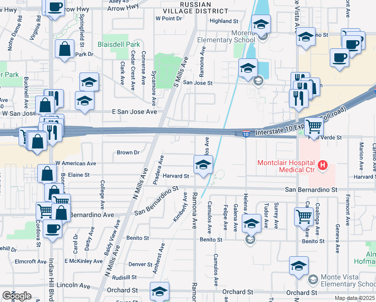 map of restaurants, bars, coffee shops, grocery stores, and more near 4453 Cambridge Street in Montclair