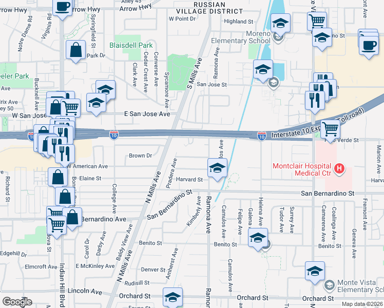 map of restaurants, bars, coffee shops, grocery stores, and more near 4453 Cambridge Street in Montclair