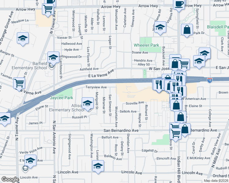 map of restaurants, bars, coffee shops, grocery stores, and more near 2003 San Simeon Street in Pomona