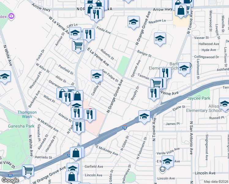 map of restaurants, bars, coffee shops, grocery stores, and more near 1988 North Orange Grove Avenue in Pomona