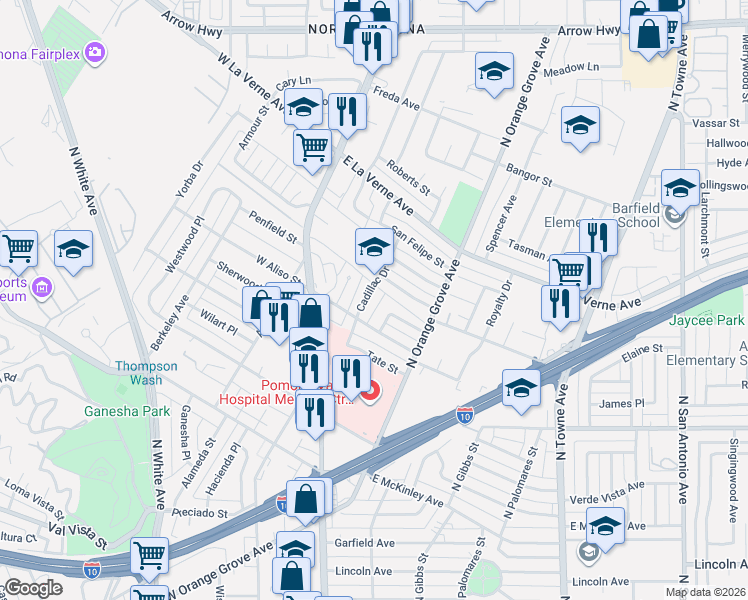 map of restaurants, bars, coffee shops, grocery stores, and more near 1936 Cadillac Drive in Pomona