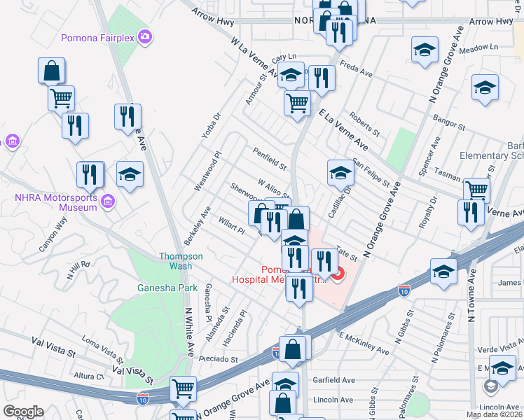 map of restaurants, bars, coffee shops, grocery stores, and more near 201 West Willow Street in Pomona
