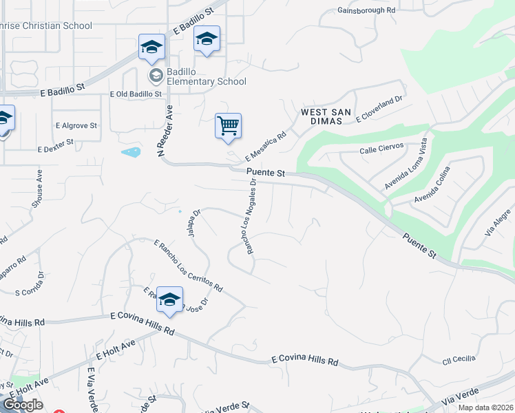 map of restaurants, bars, coffee shops, grocery stores, and more near 549 South Rancho Alegre Drive in Covina