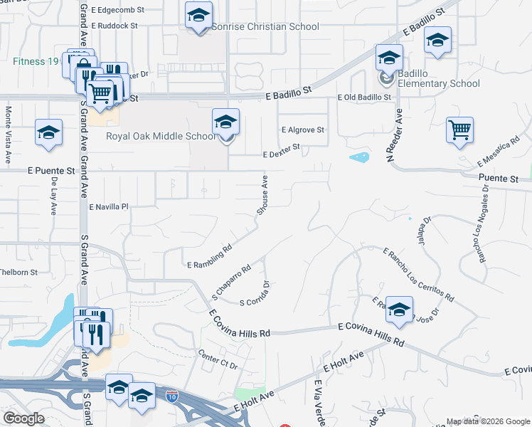 map of restaurants, bars, coffee shops, grocery stores, and more near 1400 East Rambling Road in Covina