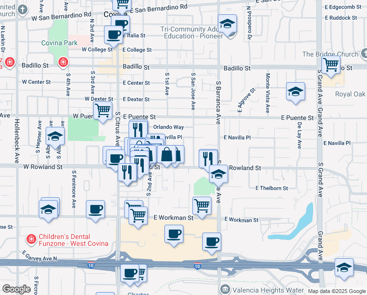 map of restaurants, bars, coffee shops, grocery stores, and more near 526 South 1st Avenue in Covina