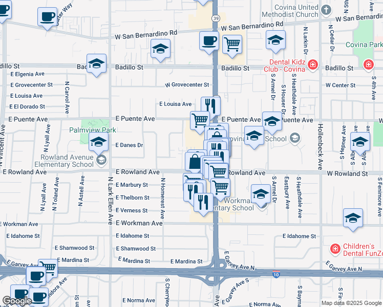 map of restaurants, bars, coffee shops, grocery stores, and more near 1651 East Rowland Avenue in West Covina