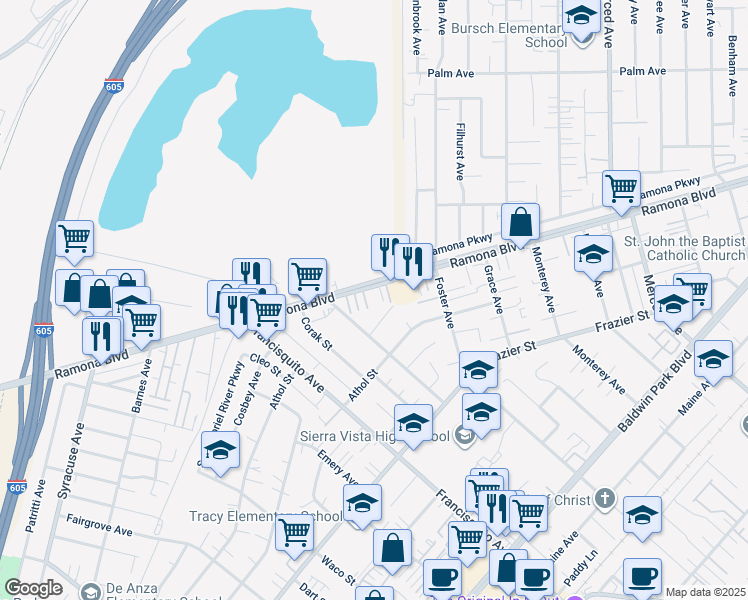 map of restaurants, bars, coffee shops, grocery stores, and more near 3813 Cosbey Street in Baldwin Park