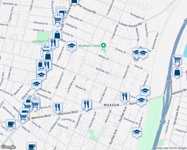 map of restaurants, bars, coffee shops, grocery stores, and more near 4313 Cogswell Road in El Monte