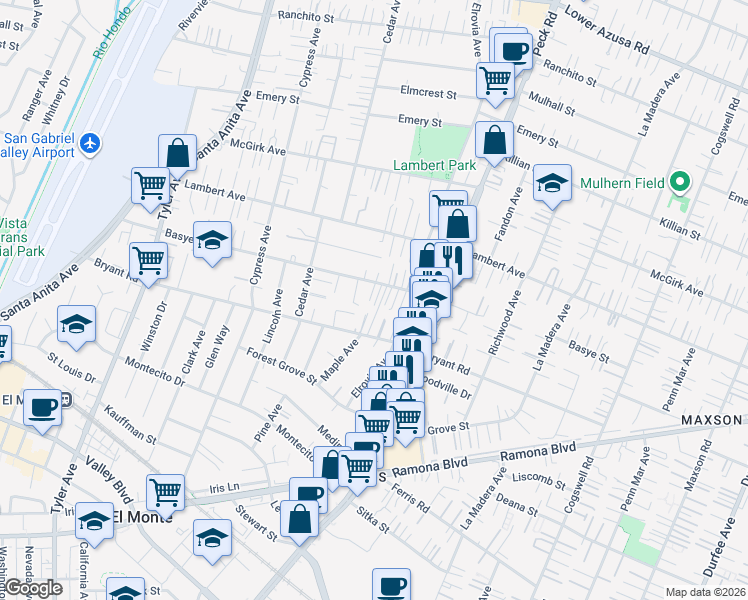 map of restaurants, bars, coffee shops, grocery stores, and more near 11437 Kerrwood Street in El Monte
