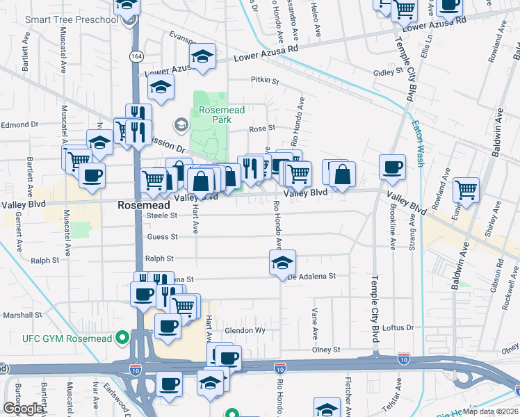 map of restaurants, bars, coffee shops, grocery stores, and more near 3927 Rio Hondo Avenue in Rosemead