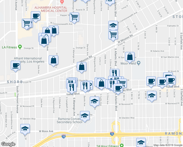 map of restaurants, bars, coffee shops, grocery stores, and more near 1095 Marguerita Avenue in Alhambra