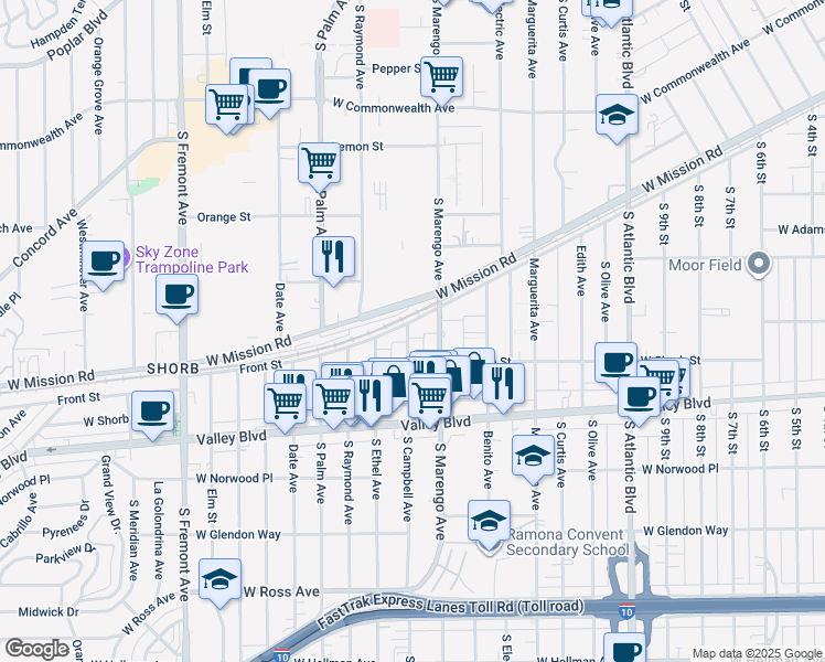 map of restaurants, bars, coffee shops, grocery stores, and more near 1100 South Campbell Avenue in Alhambra