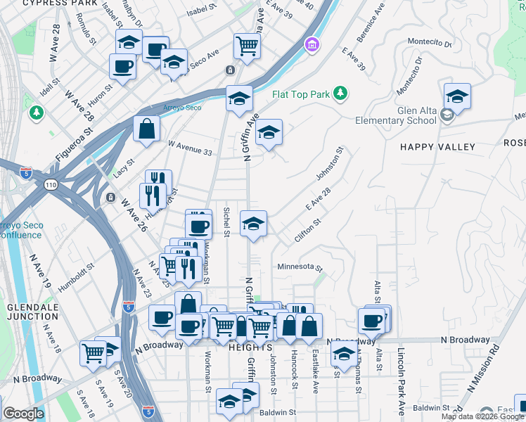 map of restaurants, bars, coffee shops, grocery stores, and more near 2828 Johnston Street in Los Angeles