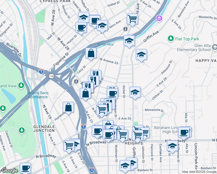 map of restaurants, bars, coffee shops, grocery stores, and more near 2821 Pasadena Avenue in Los Angeles