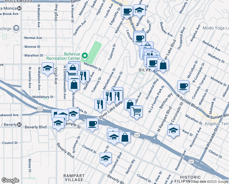 map of restaurants, bars, coffee shops, grocery stores, and more near 702 North Dillon Street in Los Angeles