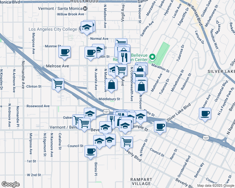 map of restaurants, bars, coffee shops, grocery stores, and more near 501 North Virgil Avenue in Los Angeles