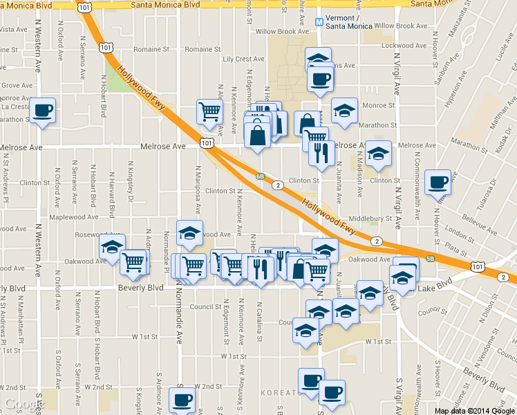 map of restaurants, bars, coffee shops, grocery stores, and more near 529 North Heliotrope Drive in Los Angeles