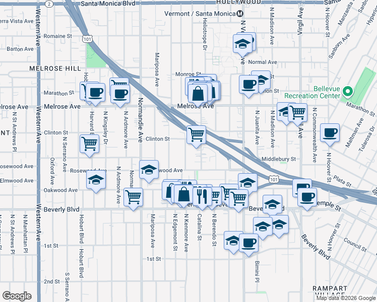 map of restaurants, bars, coffee shops, grocery stores, and more near 529 North Heliotrope Drive in Los Angeles