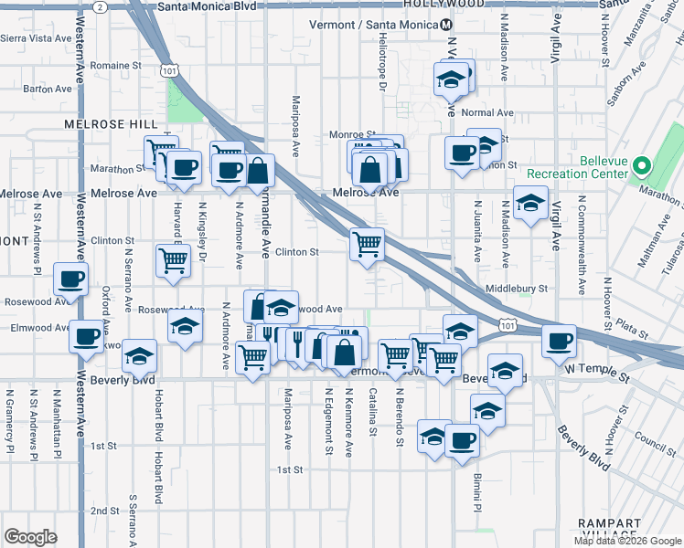 map of restaurants, bars, coffee shops, grocery stores, and more near 528 North Alexandria Avenue in Los Angeles