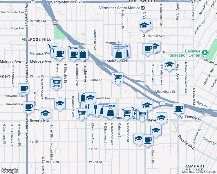 map of restaurants, bars, coffee shops, grocery stores, and more near 528 North Alexandria Avenue in Los Angeles