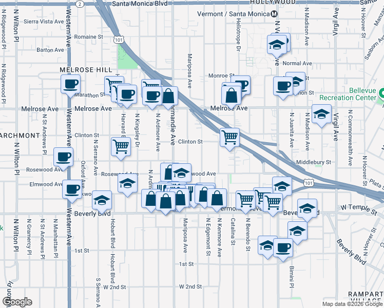 map of restaurants, bars, coffee shops, grocery stores, and more near 532 North Mariposa Avenue in Los Angeles