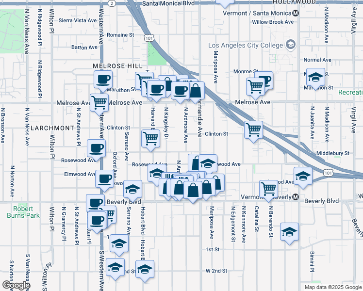 map of restaurants, bars, coffee shops, grocery stores, and more near 503 North Ardmore Avenue in Los Angeles
