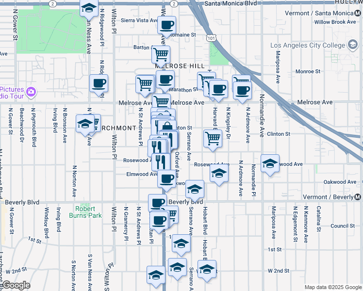 map of restaurants, bars, coffee shops, grocery stores, and more near 502 North Oxford Avenue in Los Angeles
