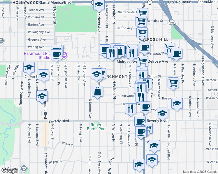 map of restaurants, bars, coffee shops, grocery stores, and more near 5100 West Maplewood Avenue in Los Angeles