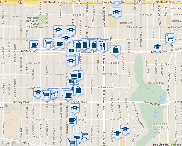 map of restaurants, bars, coffee shops, grocery stores, and more near 457 North Mansfield Avenue in Los Angeles