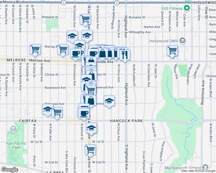 map of restaurants, bars, coffee shops, grocery stores, and more near 457 North Mansfield Avenue in Los Angeles