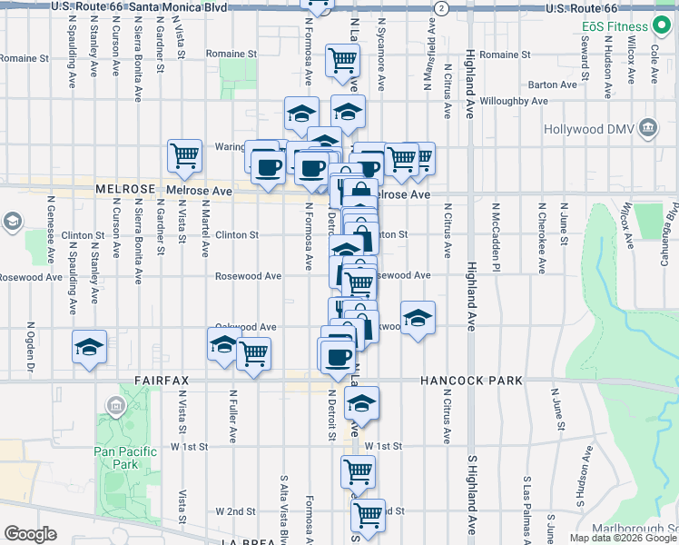 map of restaurants, bars, coffee shops, grocery stores, and more near 459 North Detroit Street in Los Angeles