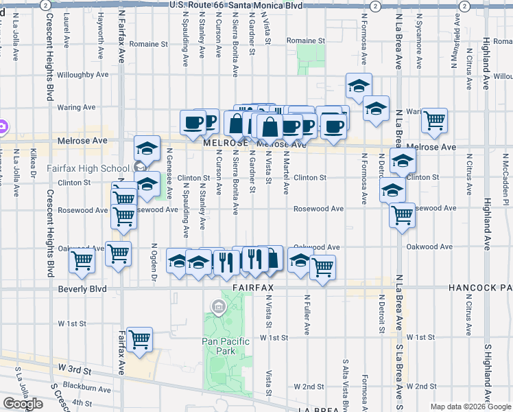 map of restaurants, bars, coffee shops, grocery stores, and more near 466 1/2 North Gardner Street in Los Angeles