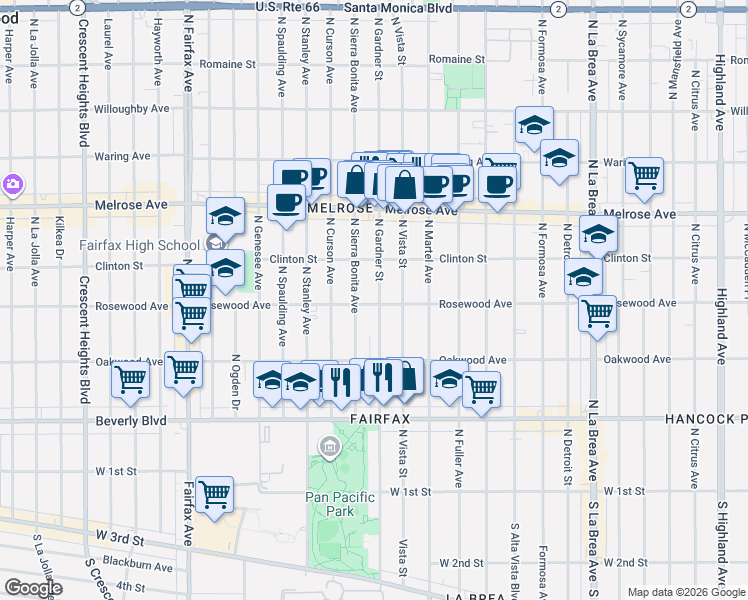 map of restaurants, bars, coffee shops, grocery stores, and more near 466 1/2 North Gardner Street in Los Angeles