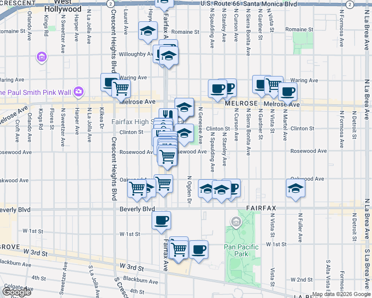 map of restaurants, bars, coffee shops, grocery stores, and more near in Los Angeles