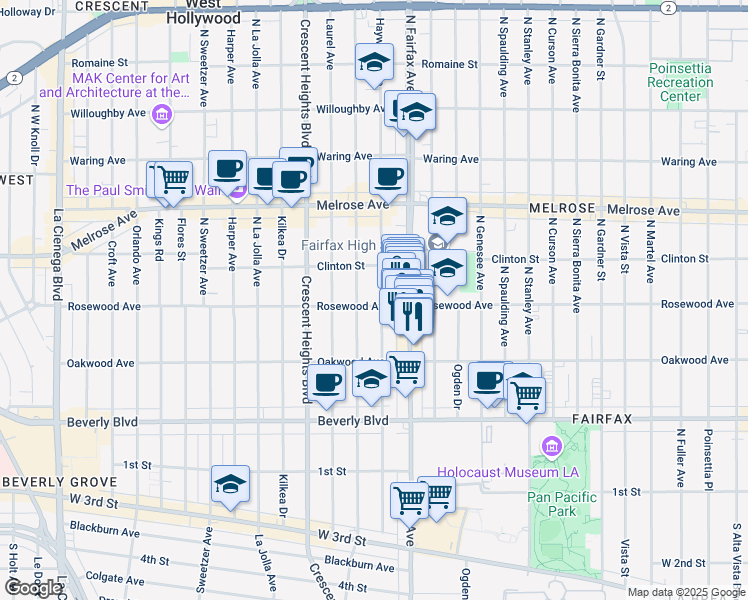 map of restaurants, bars, coffee shops, grocery stores, and more near 464 North Edinburgh Avenue in Los Angeles