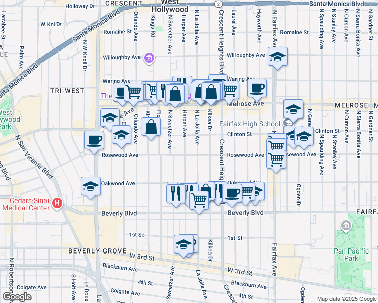 map of restaurants, bars, coffee shops, grocery stores, and more near 460 North La Jolla Avenue in Los Angeles