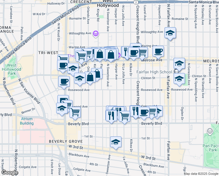 map of restaurants, bars, coffee shops, grocery stores, and more near 465 North Harper Avenue in Los Angeles