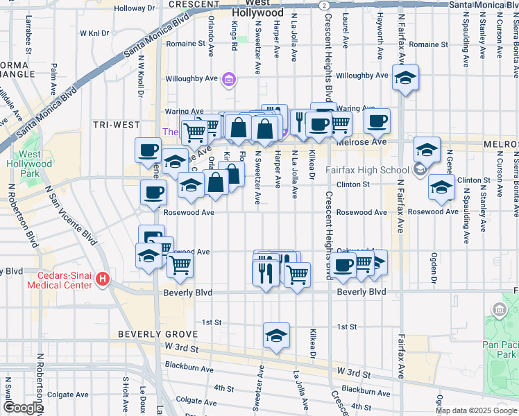 map of restaurants, bars, coffee shops, grocery stores, and more near 465 North Harper Avenue in Los Angeles