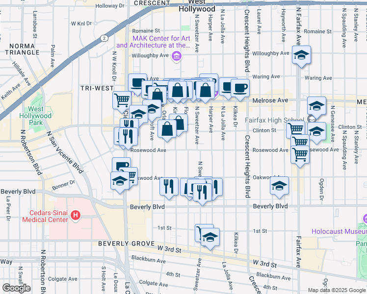 map of restaurants, bars, coffee shops, grocery stores, and more near 468 North Flores Street in Los Angeles