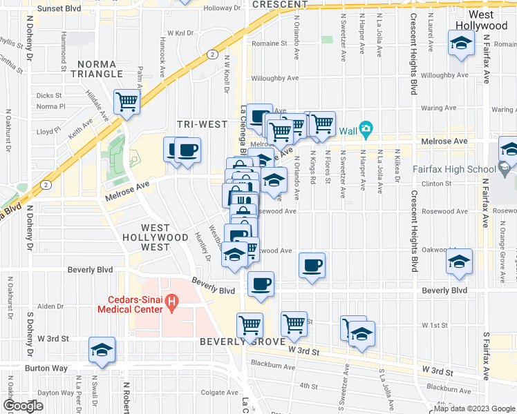 map of restaurants, bars, coffee shops, grocery stores, and more near 469 North Alfred Street in Los Angeles