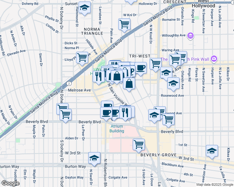 map of restaurants, bars, coffee shops, grocery stores, and more near 507 Norwich Drive in West Hollywood