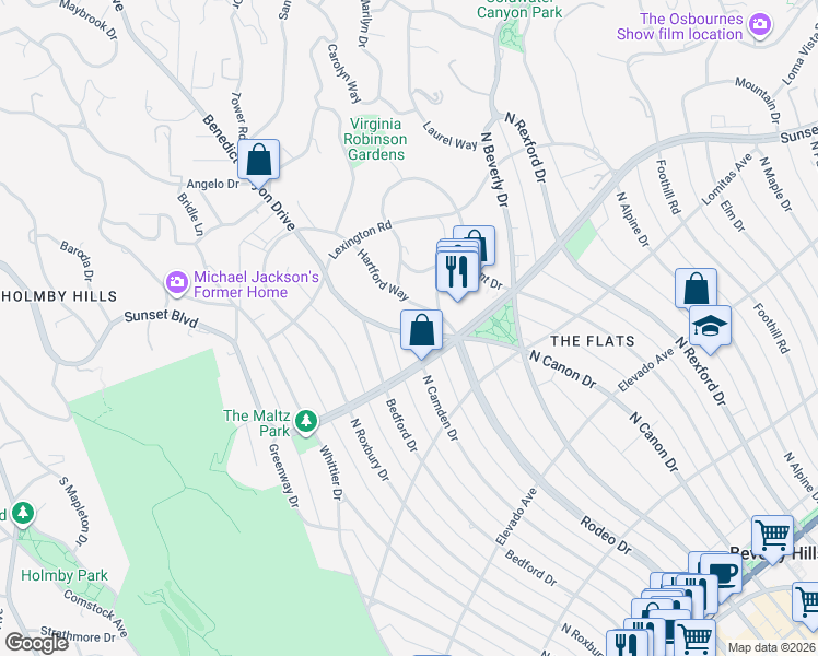 map of restaurants, bars, coffee shops, grocery stores, and more near 905 North Camden Drive in Beverly Hills