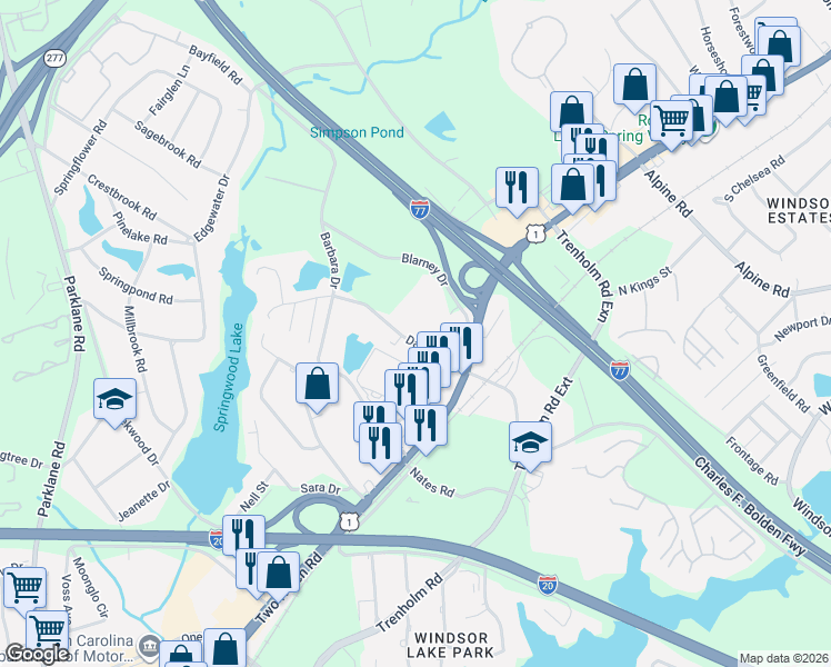 map of restaurants, bars, coffee shops, grocery stores, and more near 1555 Daulton Drive in Columbia