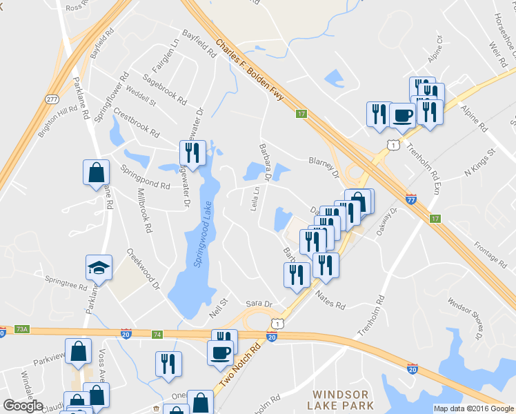 map of restaurants, bars, coffee shops, grocery stores, and more near 1712 Barbara Drive in Columbia