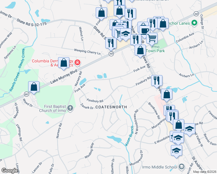 map of restaurants, bars, coffee shops, grocery stores, and more near 112 Deptford Drive in Columbia