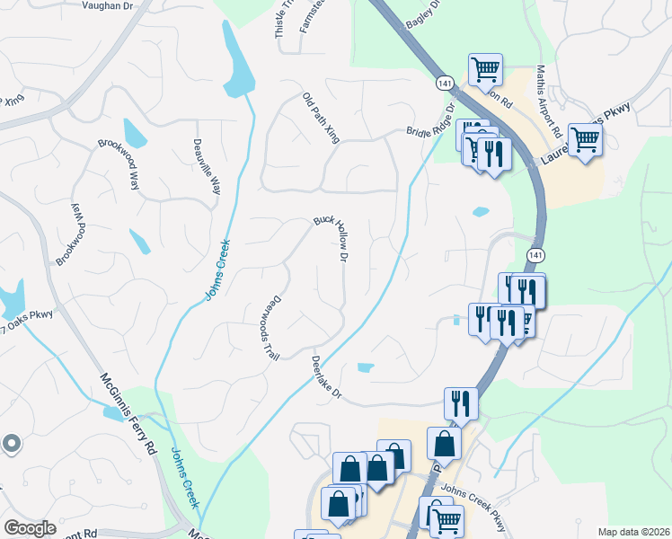map of restaurants, bars, coffee shops, grocery stores, and more near 5430 Buck Hollow Drive in Alpharetta